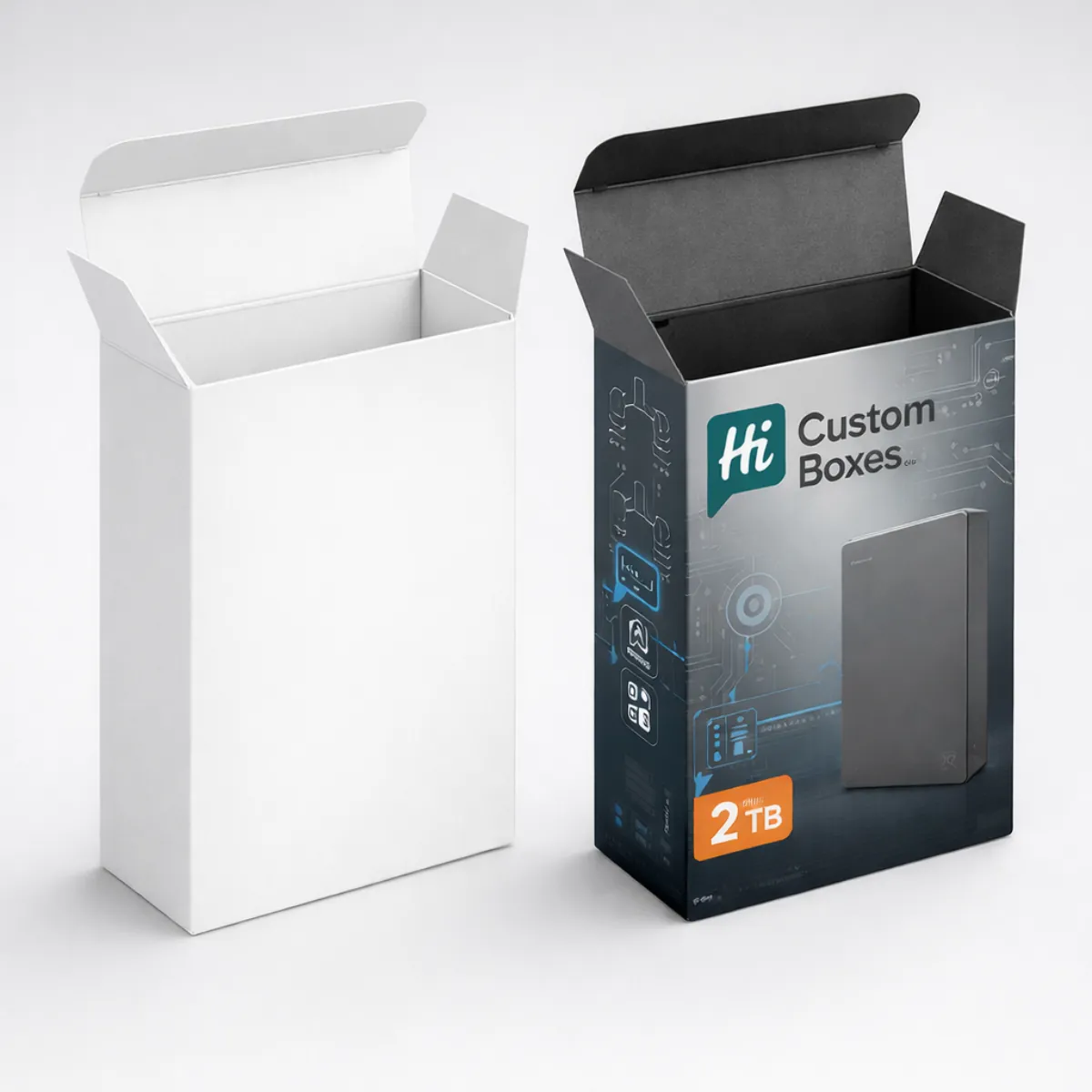 High-quality 3D render of a white blank and branded black lid-style rigid packaging box. class=